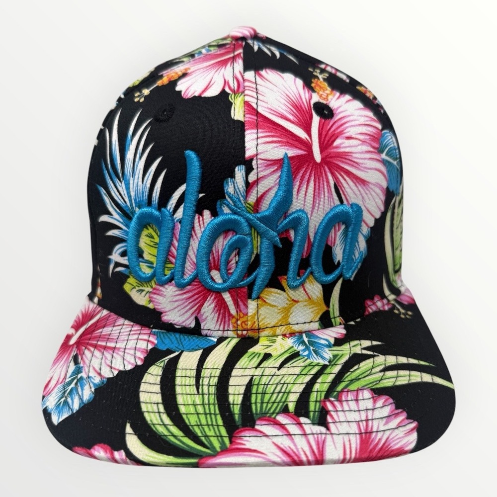 Aloha Tropical Floral Snapback Hat Black Pink Teal Hibiscus Flat Brim Cap